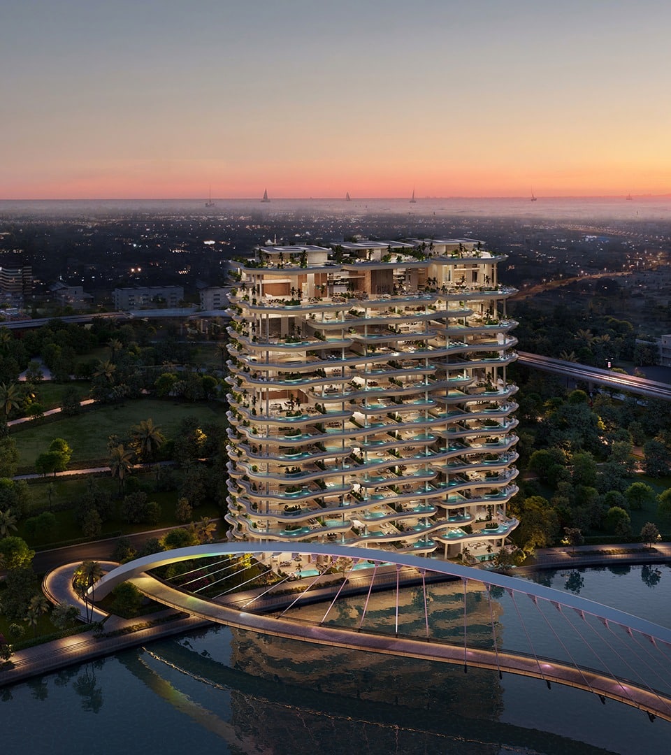 Casa AHS tower at dusk by the Dubai Water Canal marking an AHS Properties 2023 milestone