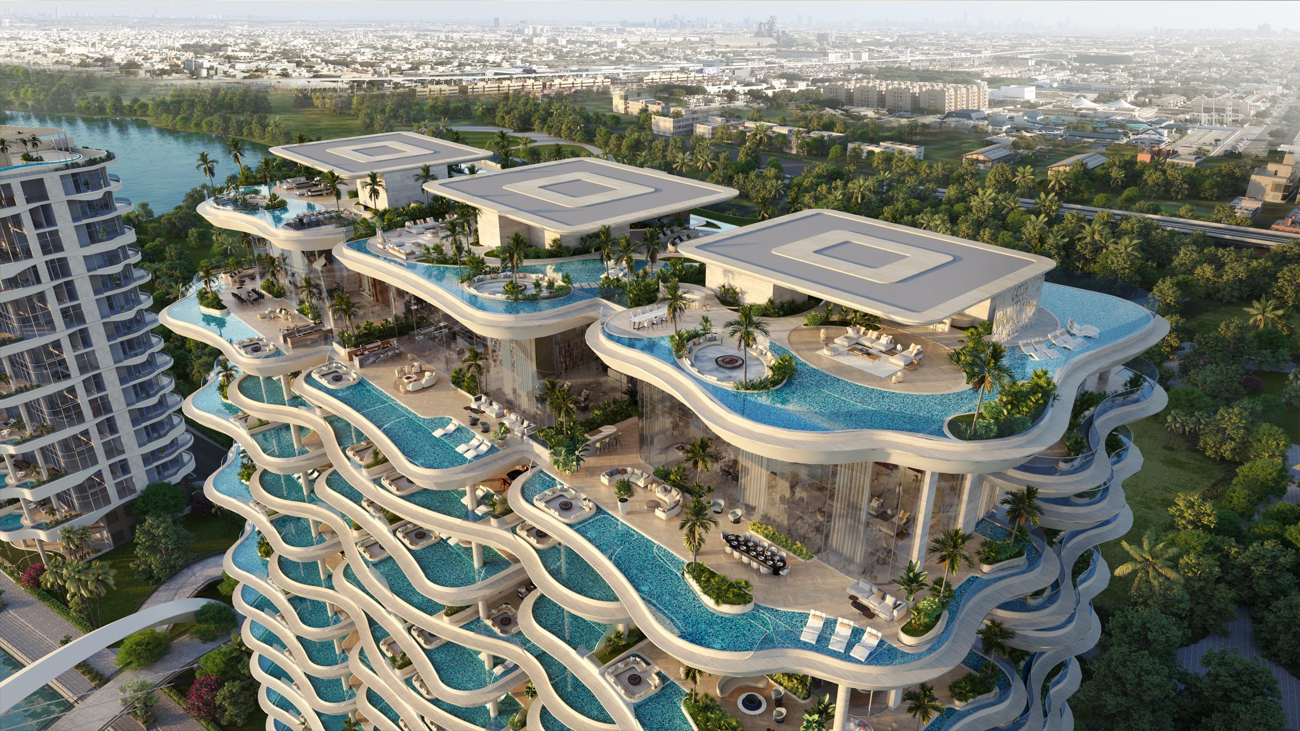 Aerial view of Casa Canal stepped sky terraces with cascading pools, palm gardens and rooftop sky mansions