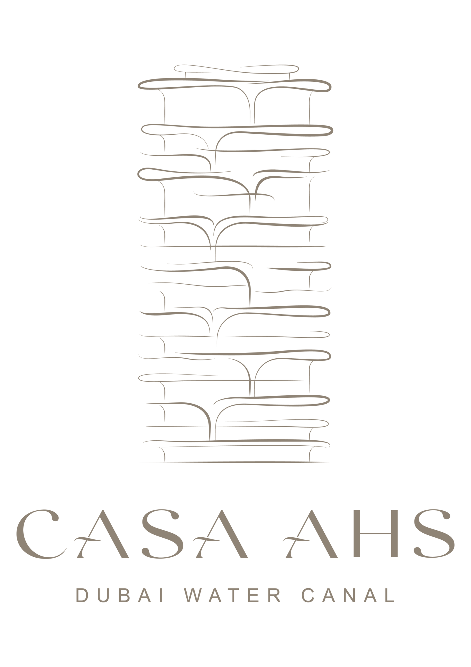Casa AHS brand logo featuring the stacked tower motif and Dubai Water Canal tagline