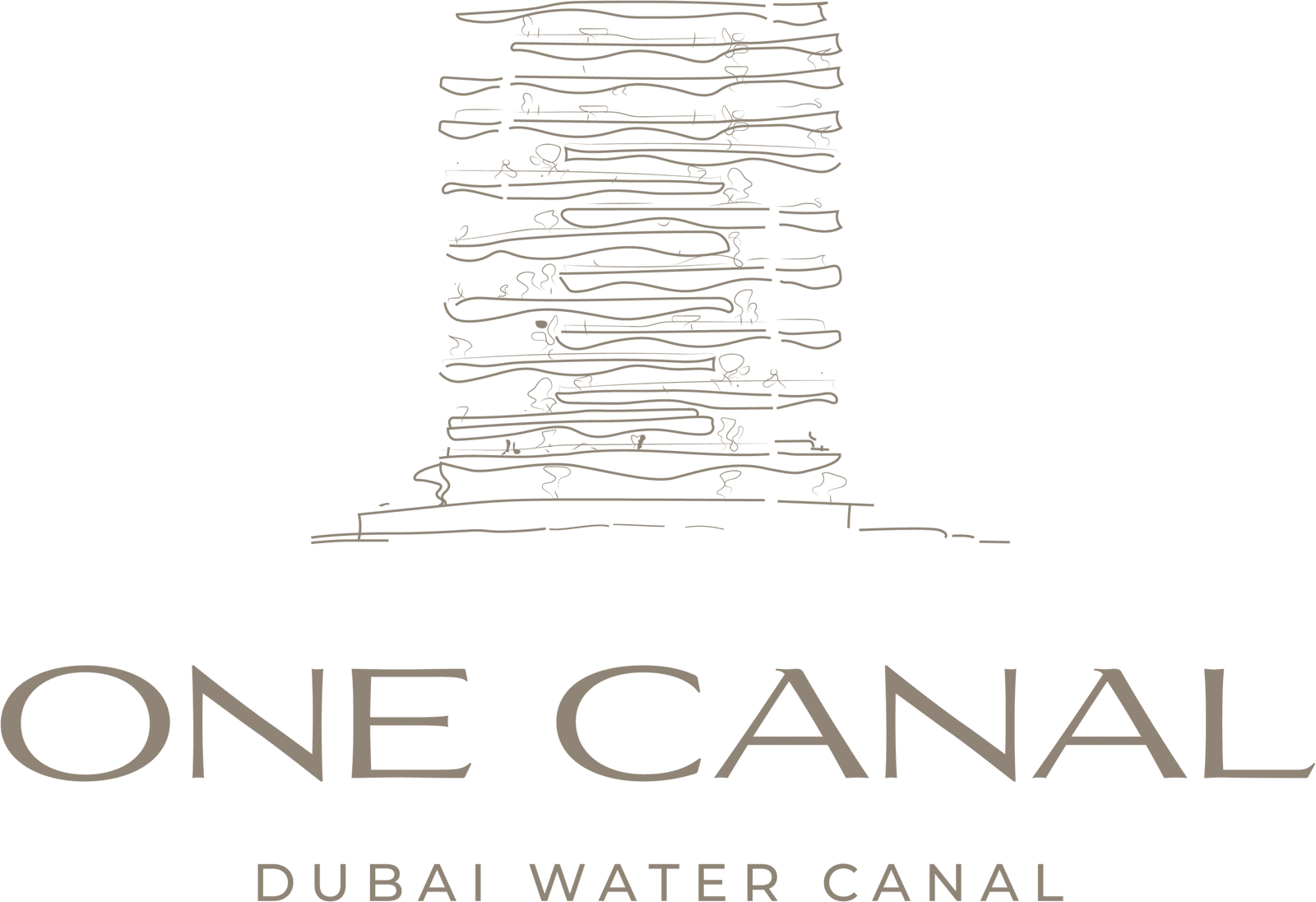 One Canal brand emblem featuring a hand-drawn tower and the Dubai Water Canal signature