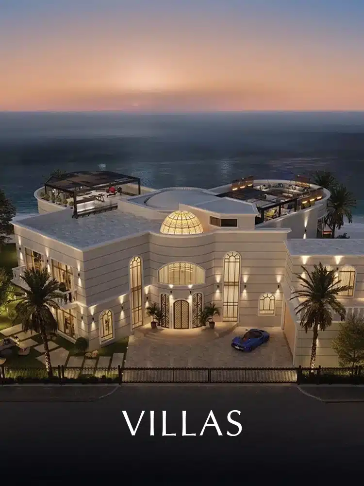 Luxury seaside villa with illuminated dome by AHS Properties at dusk